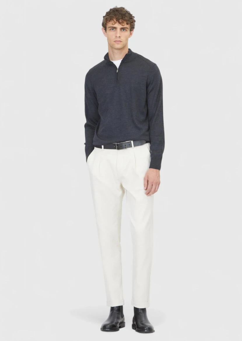 Antrasit Yarım Balıkçı Yaka Düz Örgü Yün Karışımlı Triko Kazak 