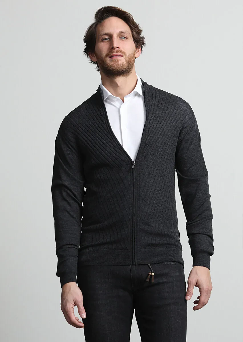 Antrasit Yarım Balıkçı Yaka Jakarlı %100 Yün Hırka - 1