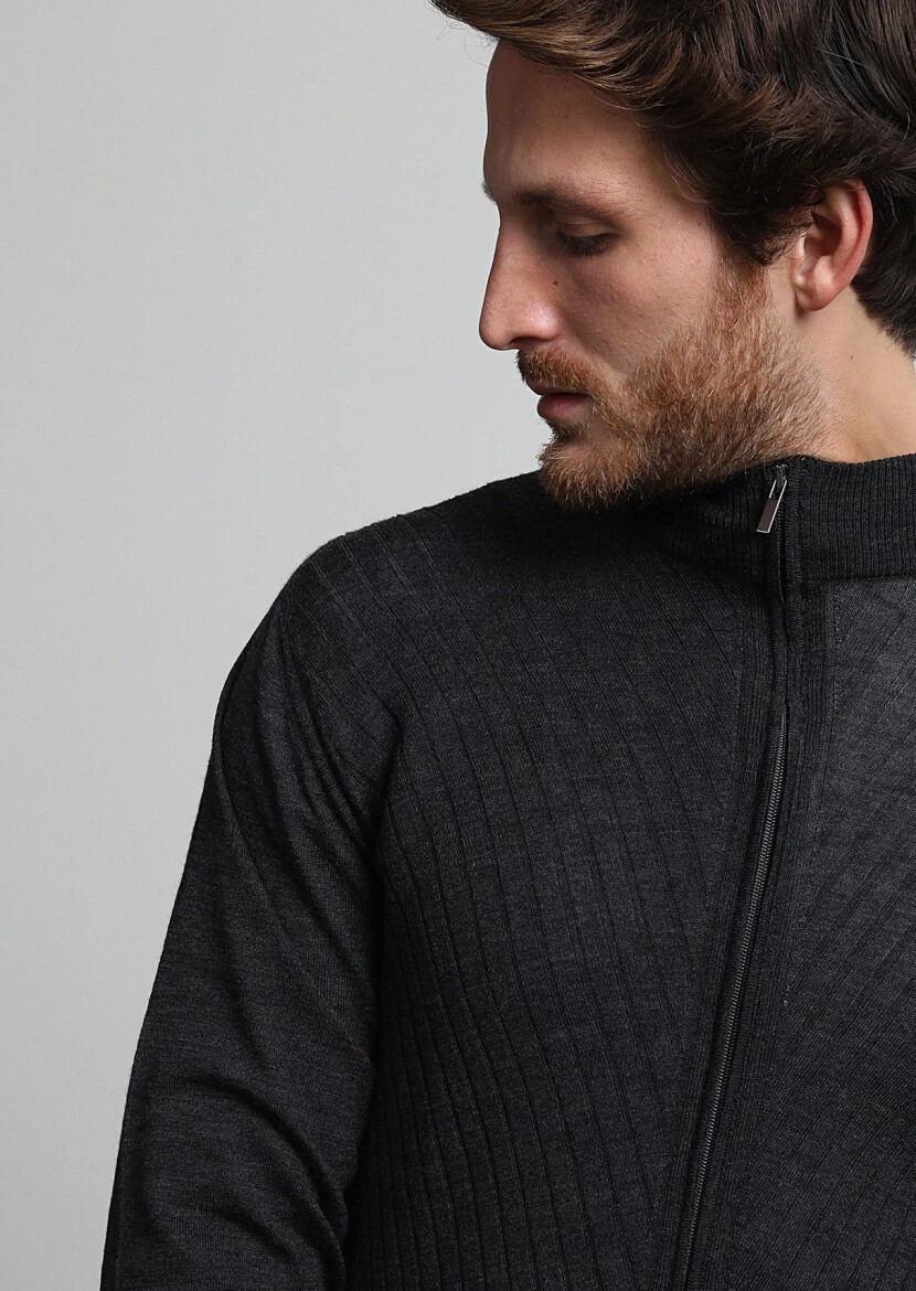 Antrasit Yarım Balıkçı Yaka Jakarlı %100 Yün Hırka - 2