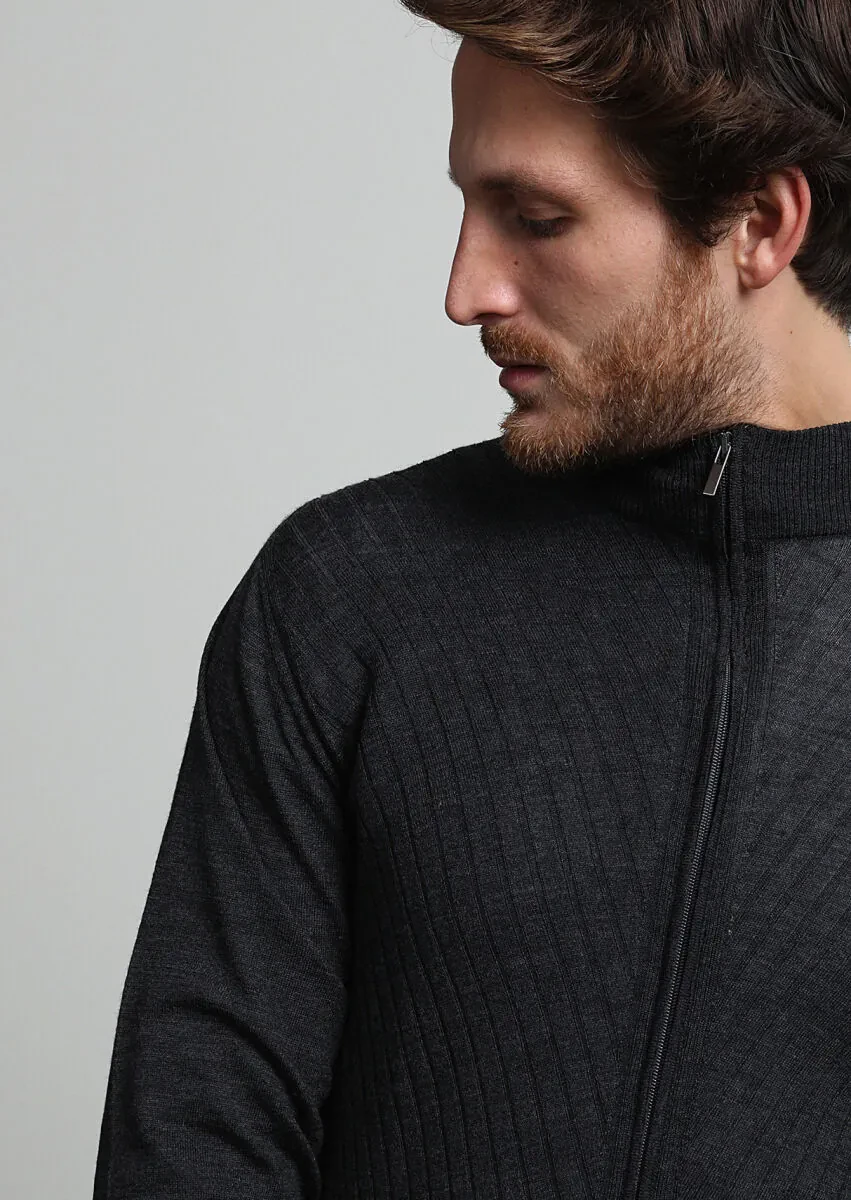 Antrasit Yarım Balıkçı Yaka Jakarlı %100 Yün Hırka - 2
