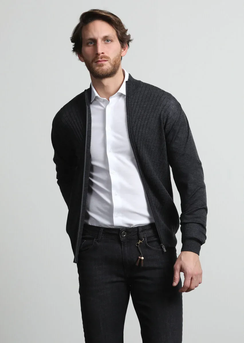 Antrasit Yarım Balıkçı Yaka Jakarlı %100 Yün Hırka - 3