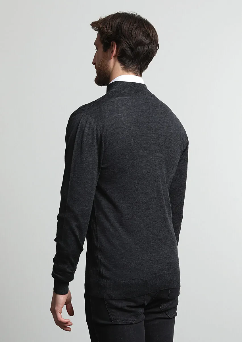 Antrasit Yarım Balıkçı Yaka Jakarlı %100 Yün Hırka - 4