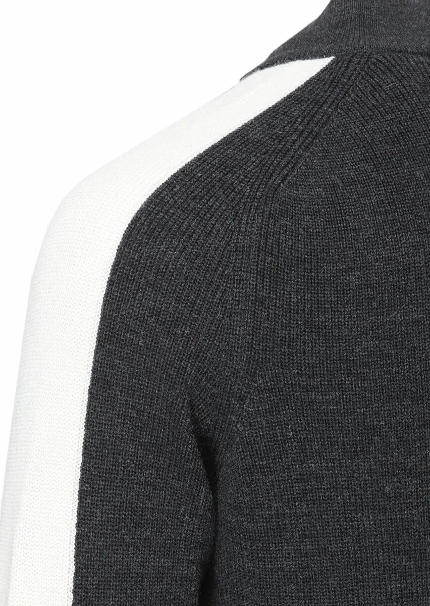 Antrasit Yarım Balıkçı Yaka Jakarlı Yün Karışımlı Triko Kazak - 4