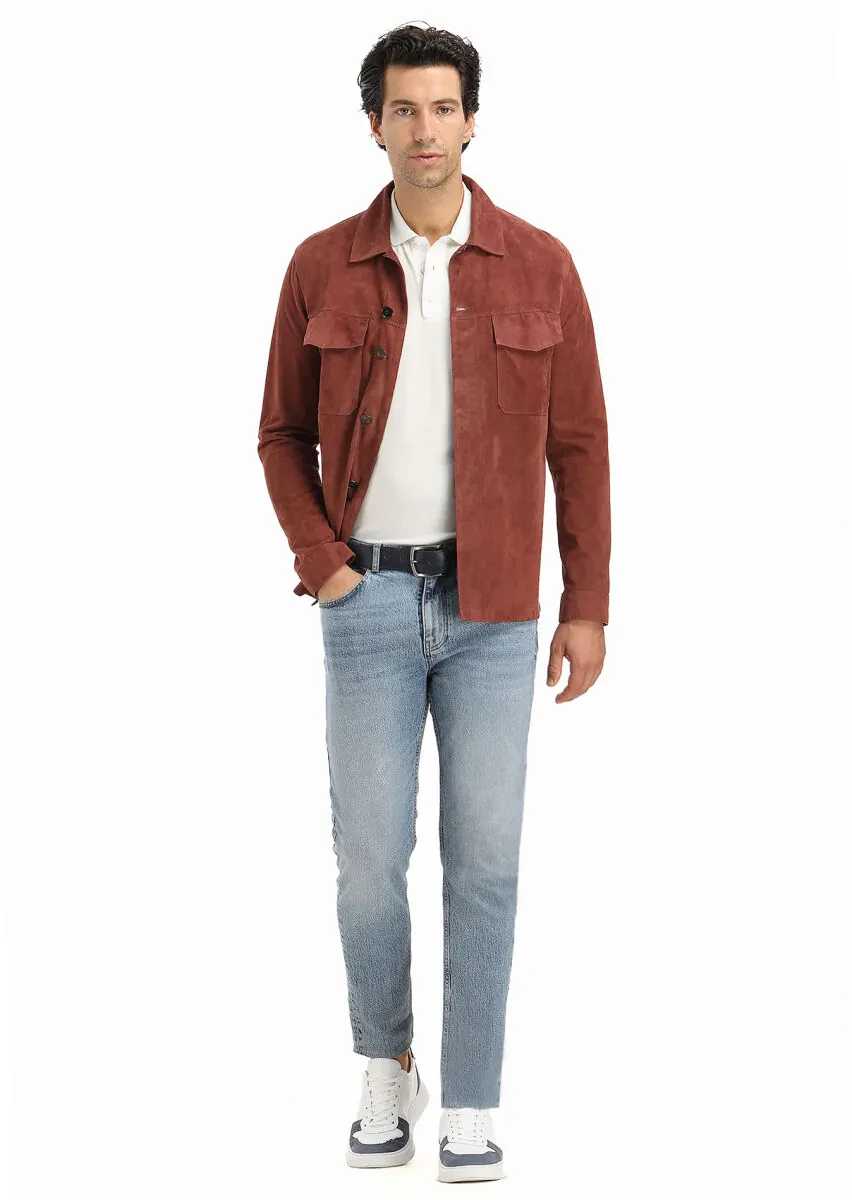 Bakır Regular Fit Gömlek Yaka Casual Süet Deri Mont - 1