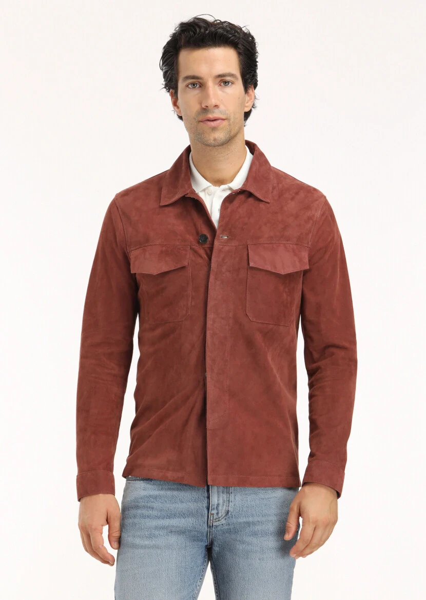 Bakır Regular Fit Gömlek Yaka Casual Süet Deri Mont - 2