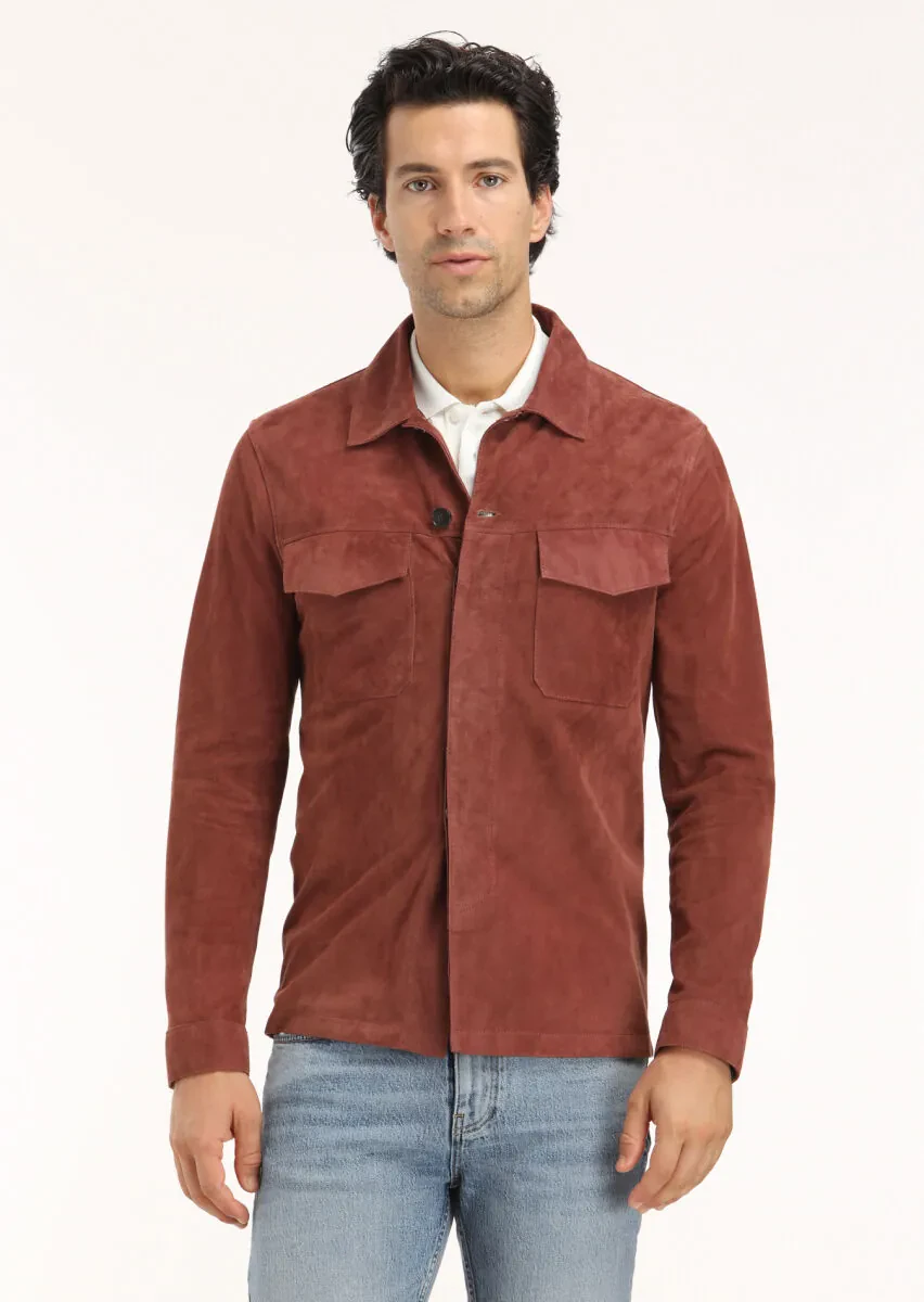 Bakır Regular Fit Gömlek Yaka Casual Süet Deri Mont - 2