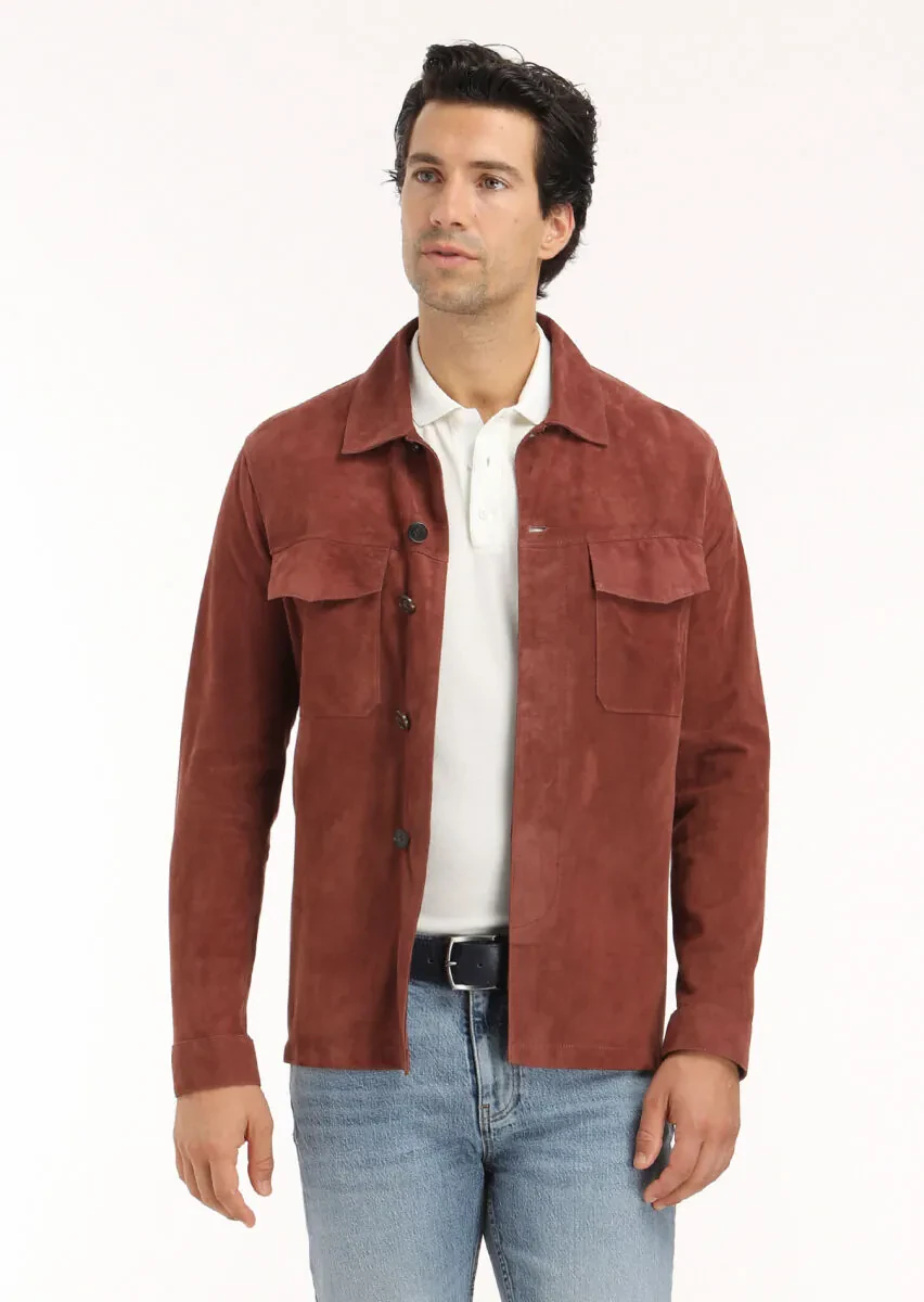 Bakır Regular Fit Gömlek Yaka Casual Süet Deri Mont - 3