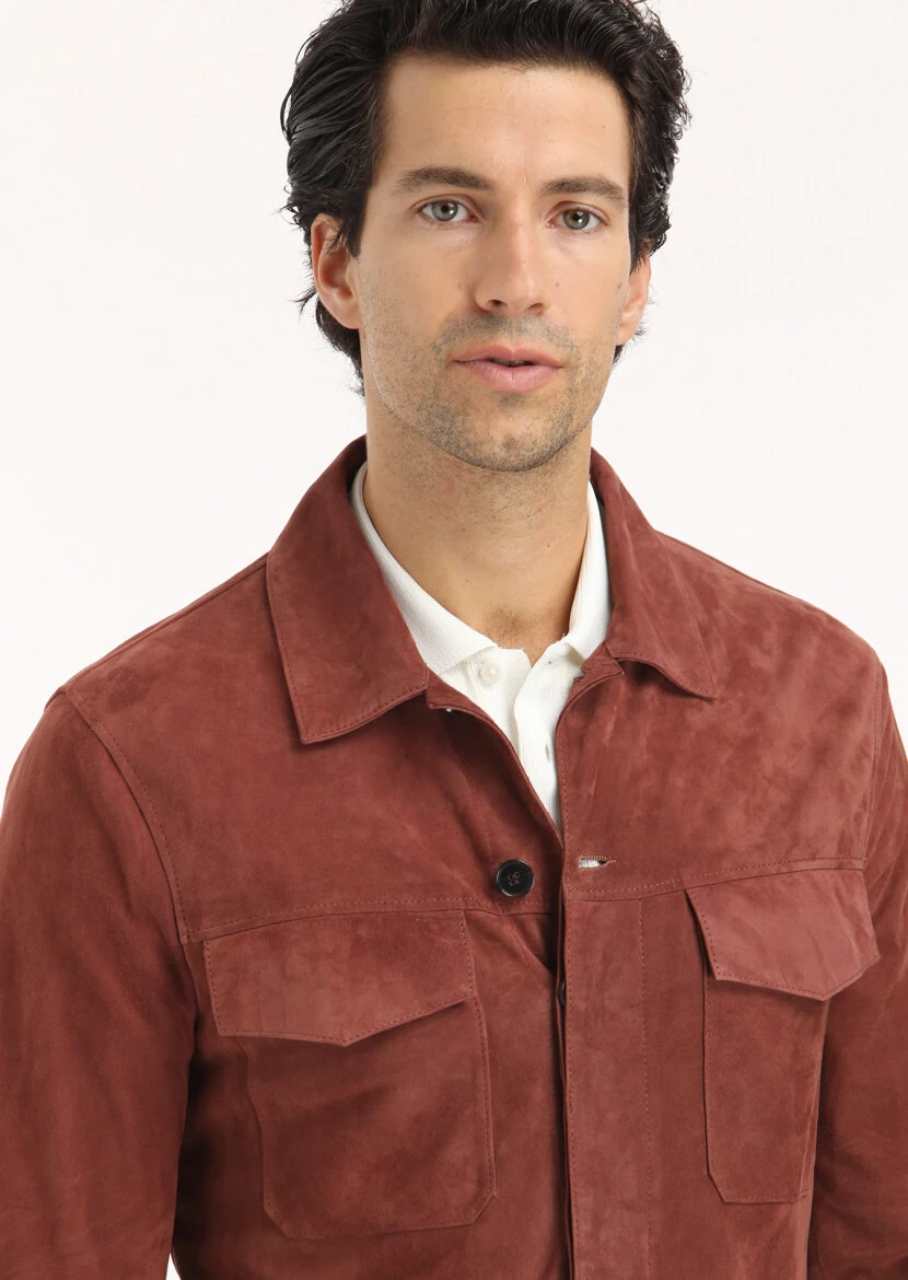 Bakır Regular Fit Gömlek Yaka Casual Süet Deri Mont - 4