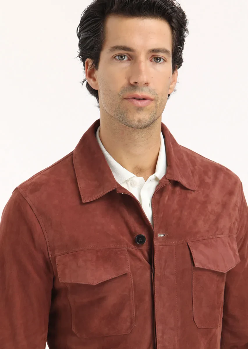 Bakır Regular Fit Gömlek Yaka Casual Süet Deri Mont - 4