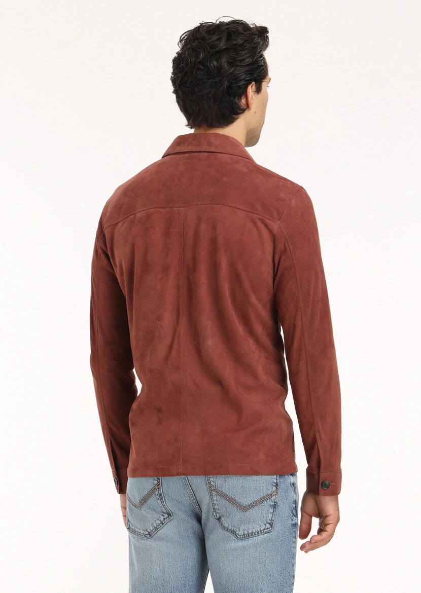 Bakır Regular Fit Gömlek Yaka Casual Süet Deri Mont - 5