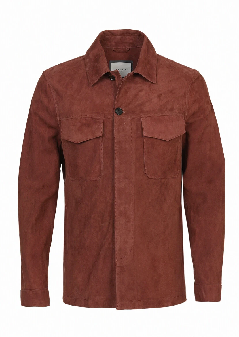 Bakır Regular Fit Gömlek Yaka Casual Süet Deri Mont - 6