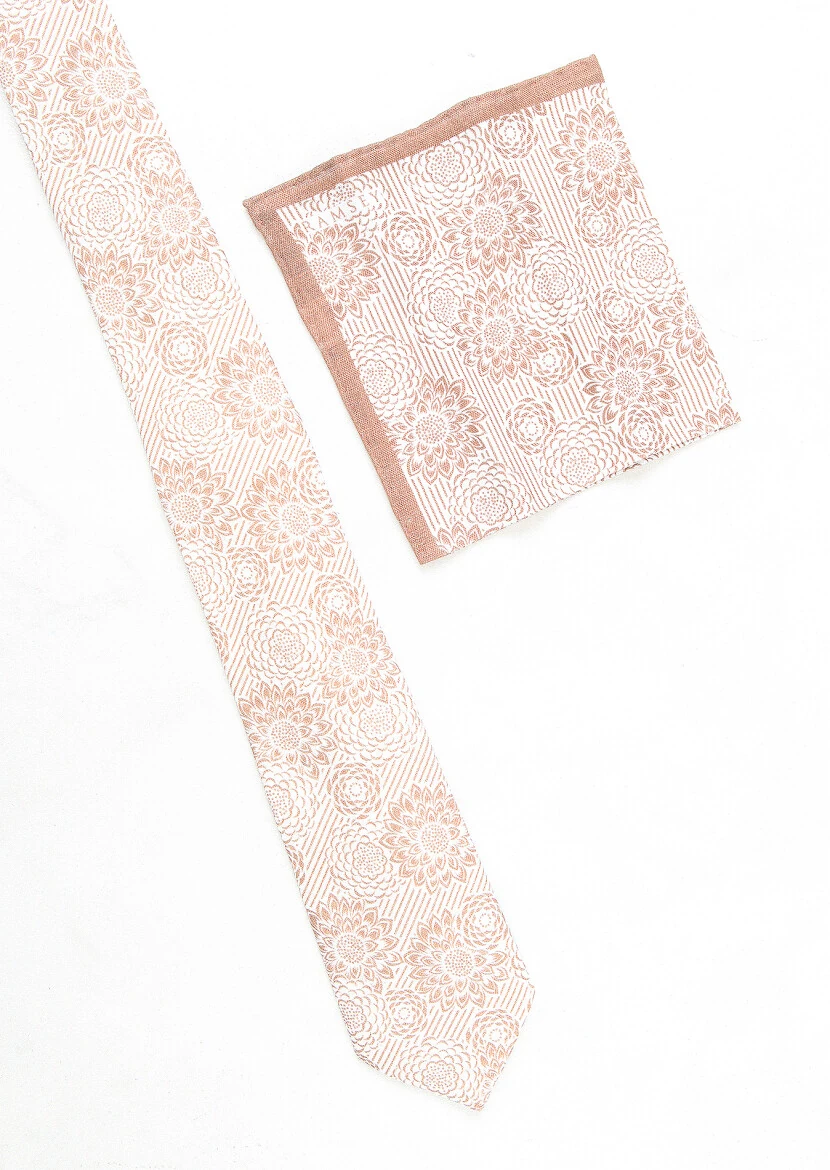 Beige %100 Keten Tie Hangerchief Set 