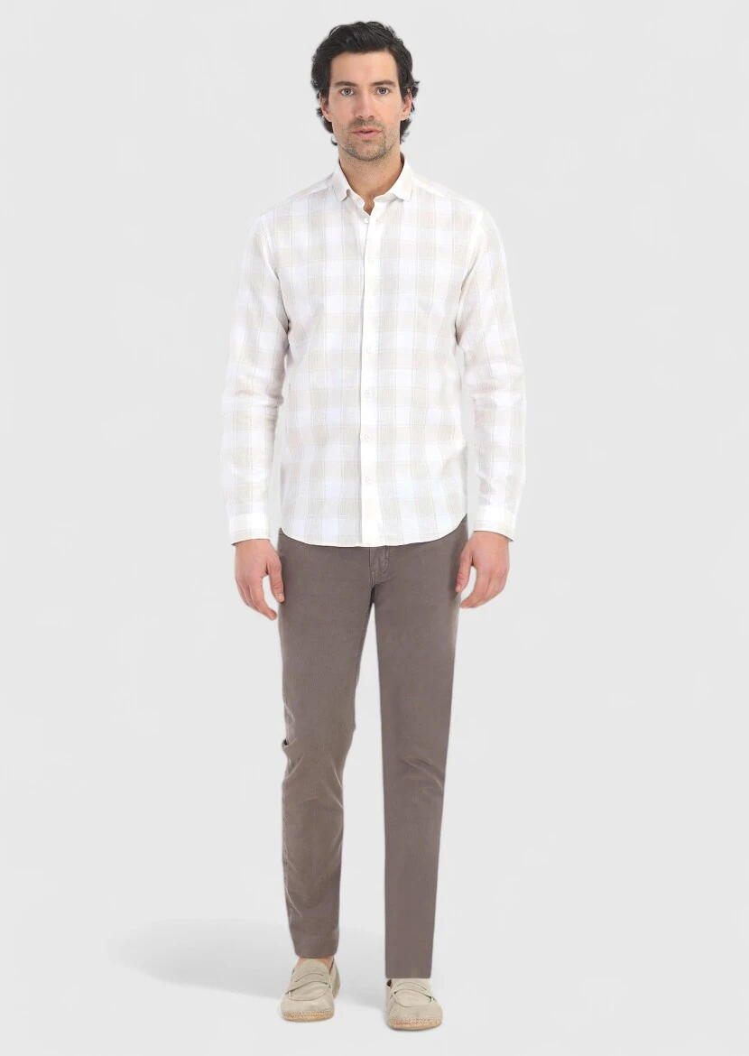 Beige Checkered Regular Fit Weaving Casual Cotton Blended Shirt - 1