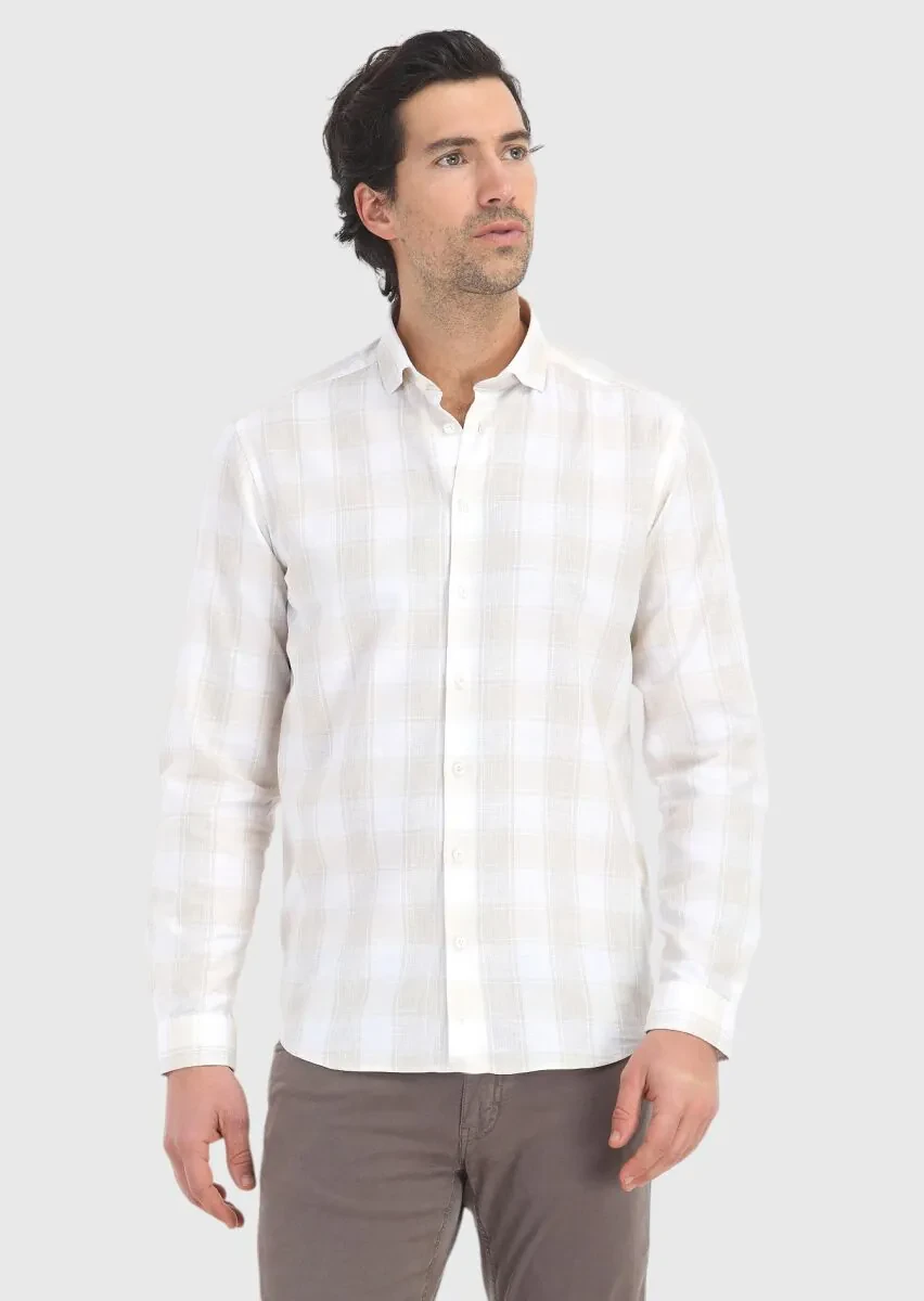 Beige Checkered Regular Fit Weaving Casual Cotton Blended Shirt - 2