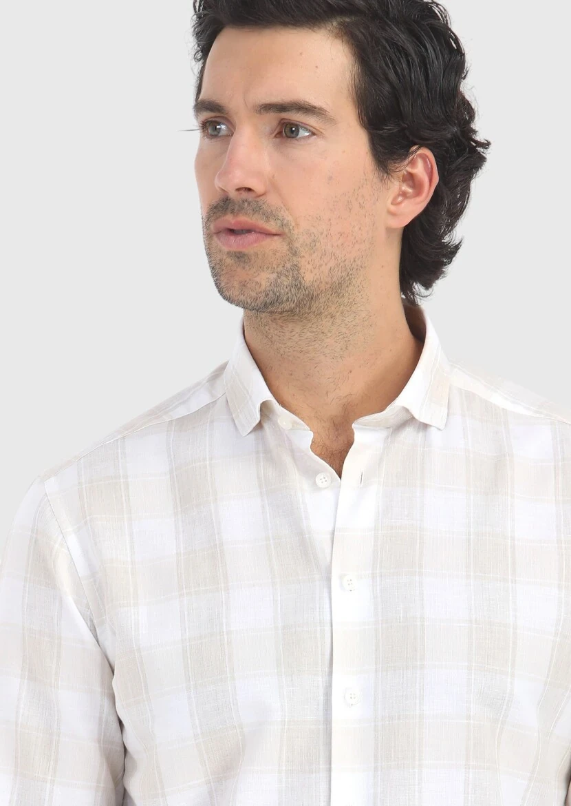 Beige Checkered Regular Fit Weaving Casual Cotton Blended Shirt - 3