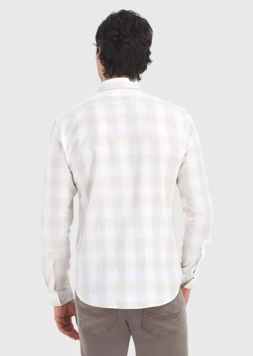 Beige Checkered Regular Fit Weaving Casual Cotton Blended Shirt - 4