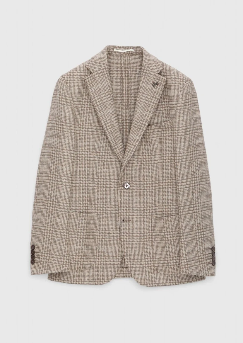 Beige Checkered Shirt Shoulder Slim Fit Wool Blended Jacket - RAMSEY