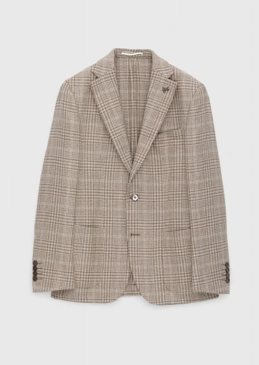Beige Checkered Shirt Shoulder Slim Fit Wool Blended Jacket - 1