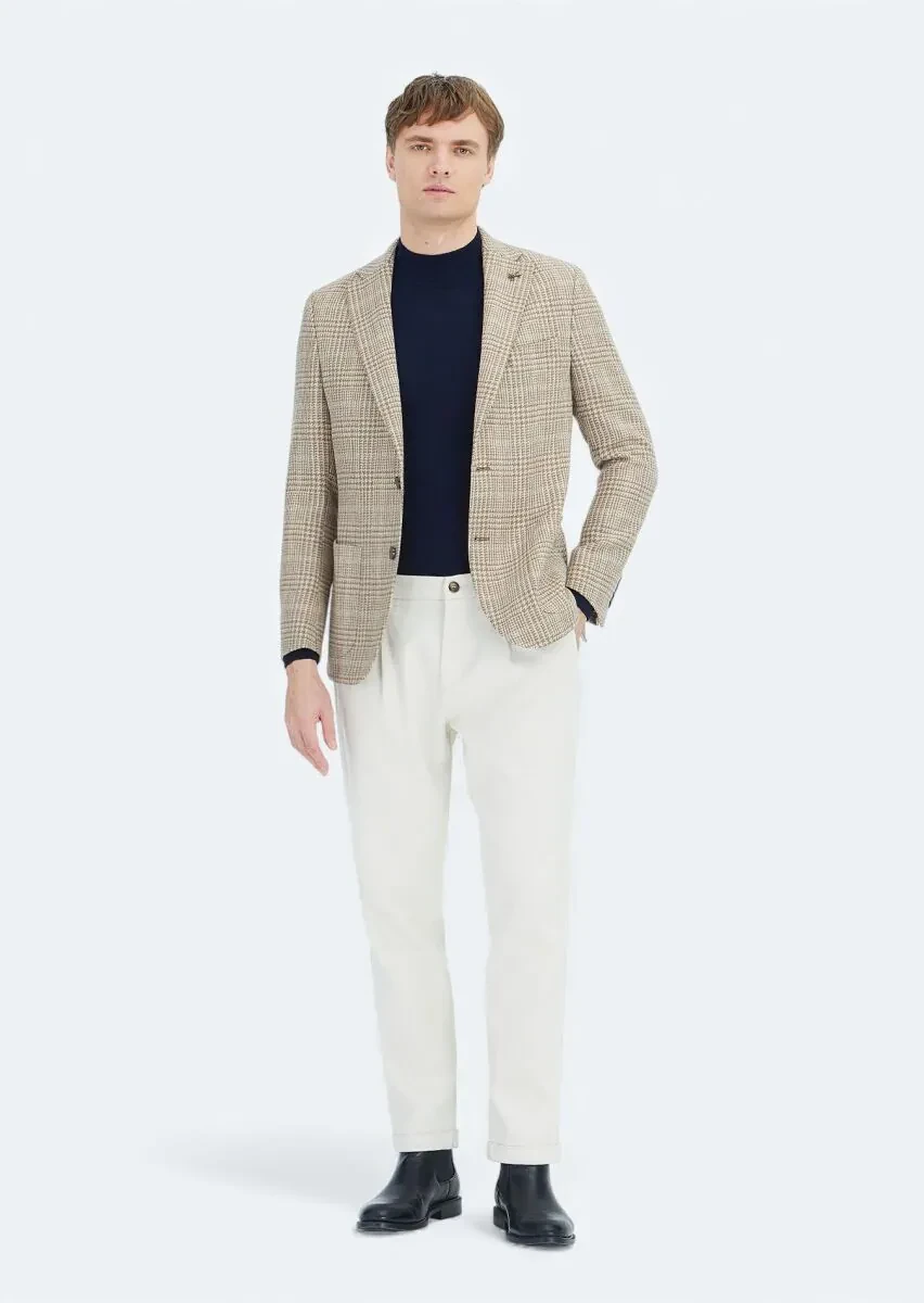 Beige Checkered Shirt Shoulder Slim Fit Wool Blended Jacket - 2