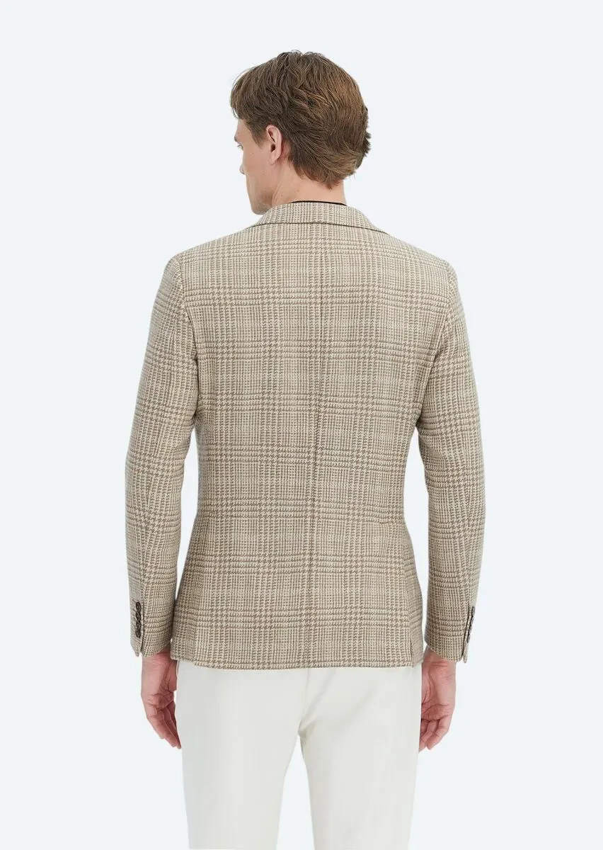 Beige Checkered Shirt Shoulder Slim Fit Wool Blended Jacket - 5