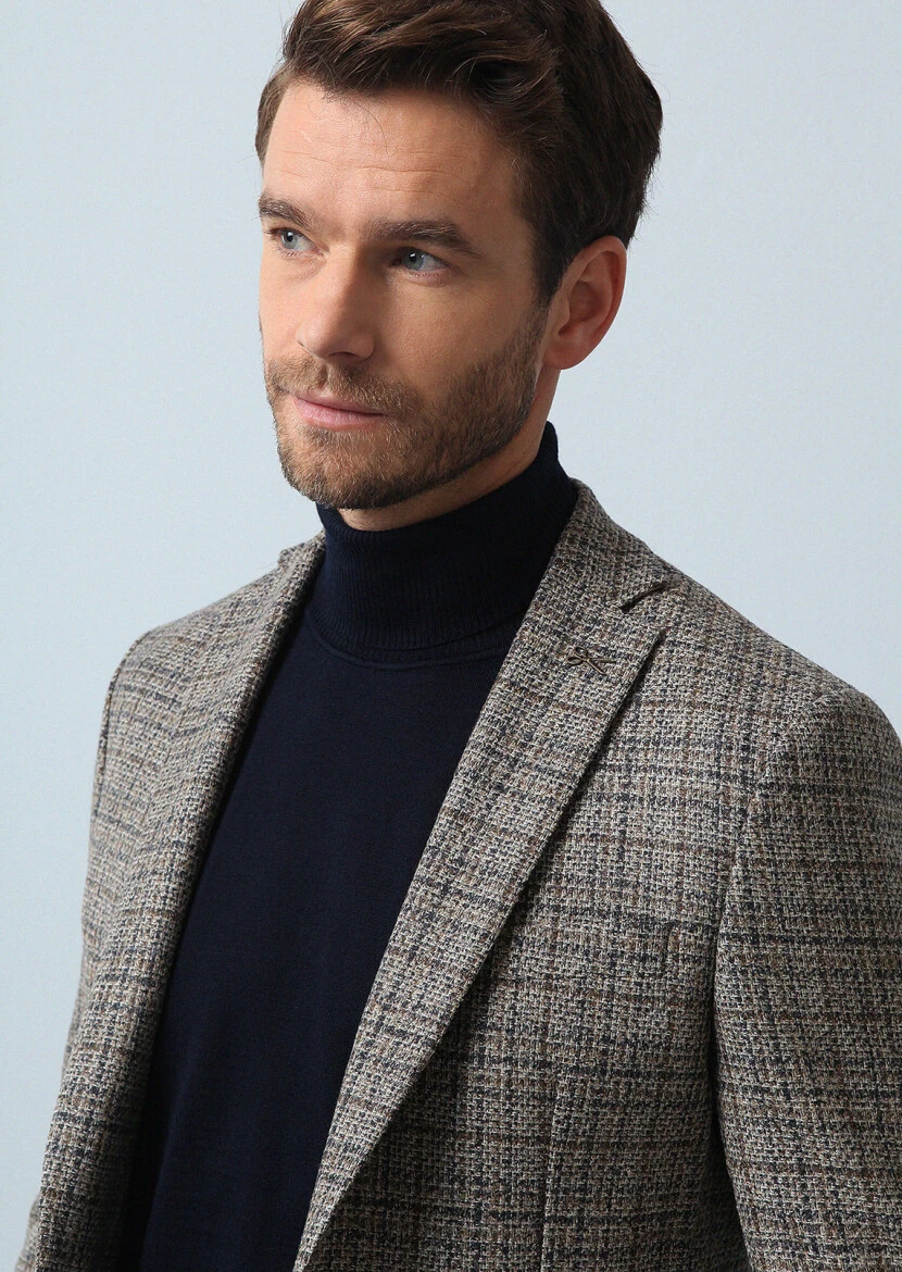 Beige Checkered Zeroweight Slim Fit Wool Blended Jacket - 1