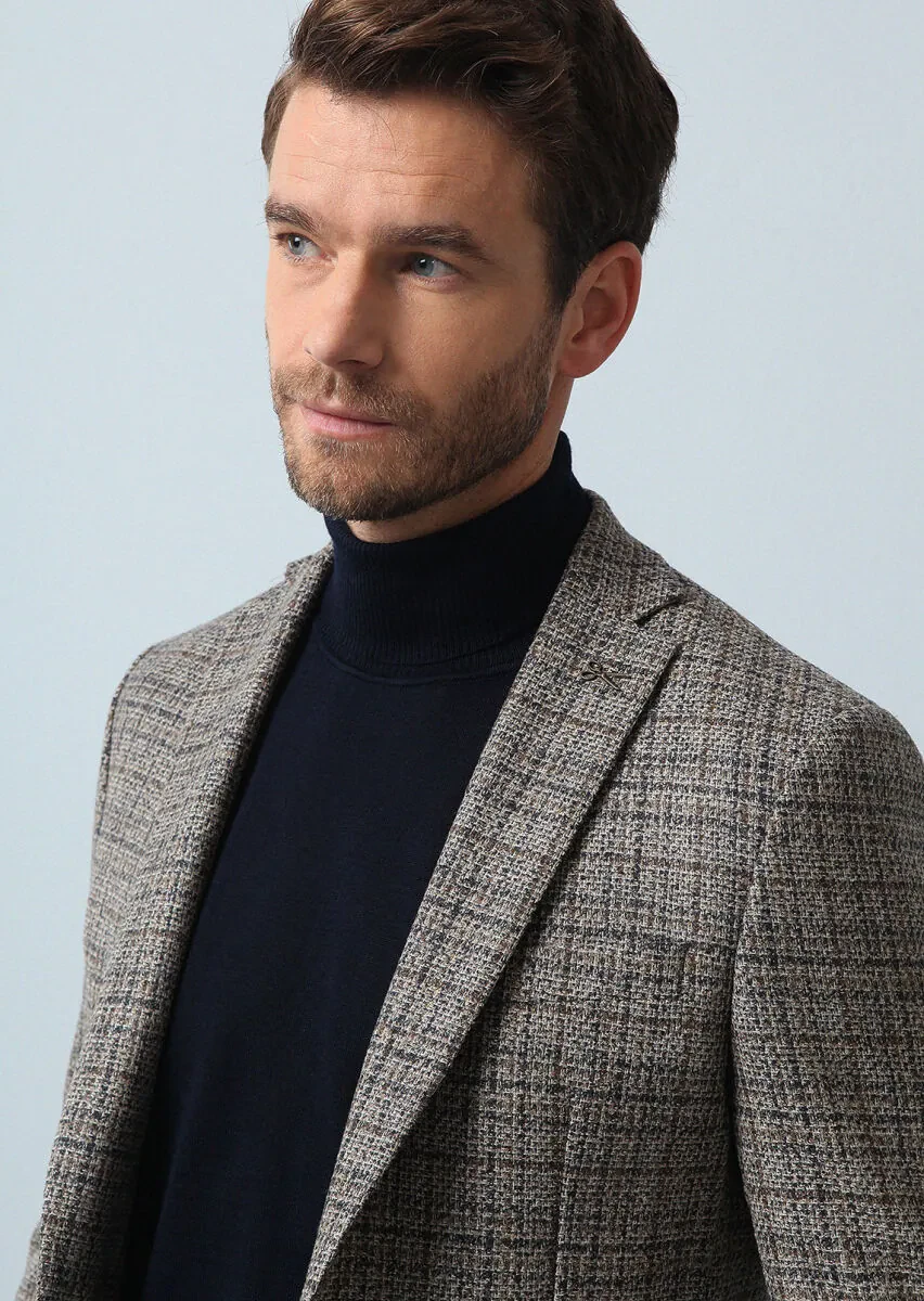 Beige Checkered Zeroweight Slim Fit Wool Blended Jacket - 1