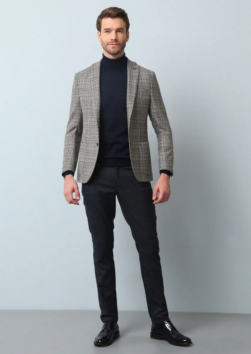 Beige Checkered Zeroweight Slim Fit Wool Blended Jacket - 3