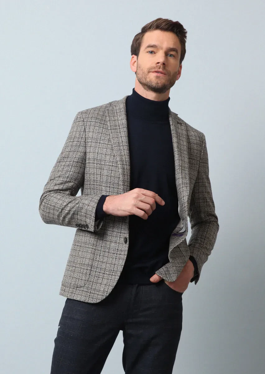 Beige Checkered Zeroweight Slim Fit Wool Blended Jacket - 4