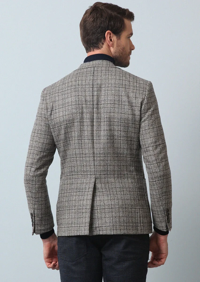Beige Checkered Zeroweight Slim Fit Wool Blended Jacket - 5