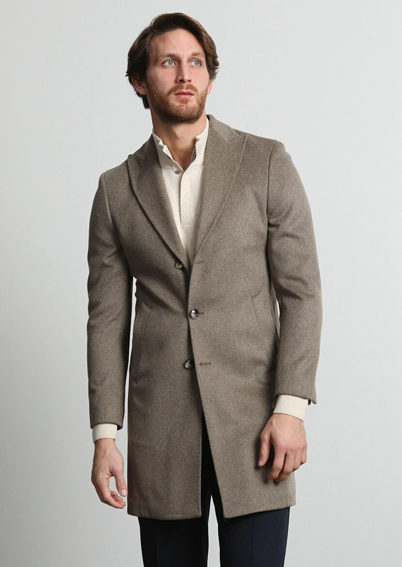 Beige Fitted Fit Double Breasted Collar Casual Weaving Overcoat - 1