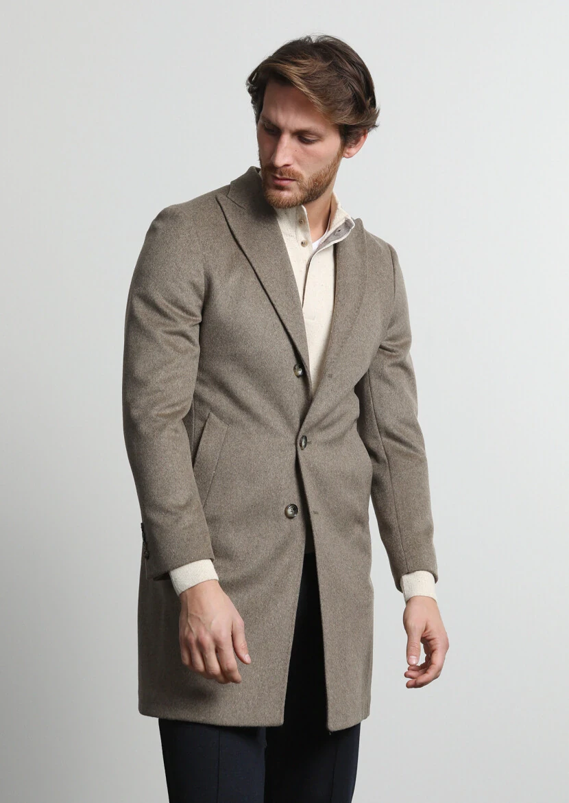 Beige Fitted Fit Double Breasted Collar Casual Weaving Overcoat - 3