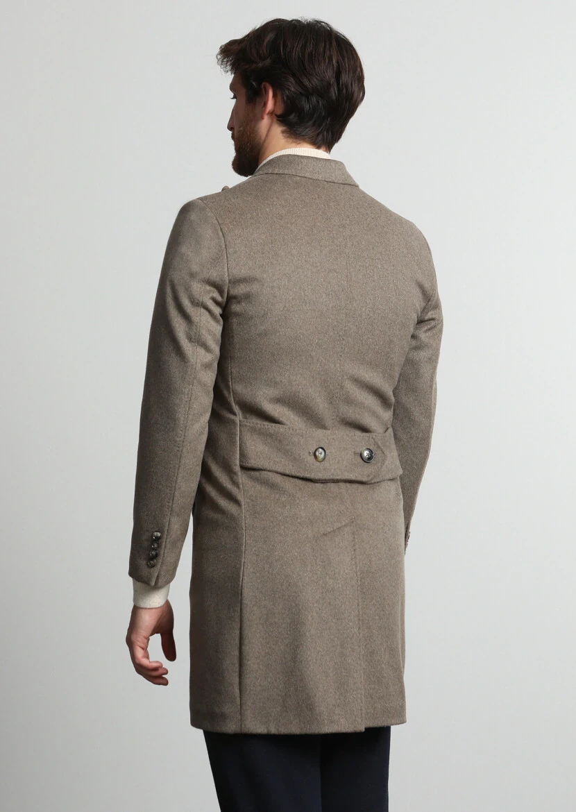 Beige Fitted Fit Double Breasted Collar Casual Weaving Overcoat - 4