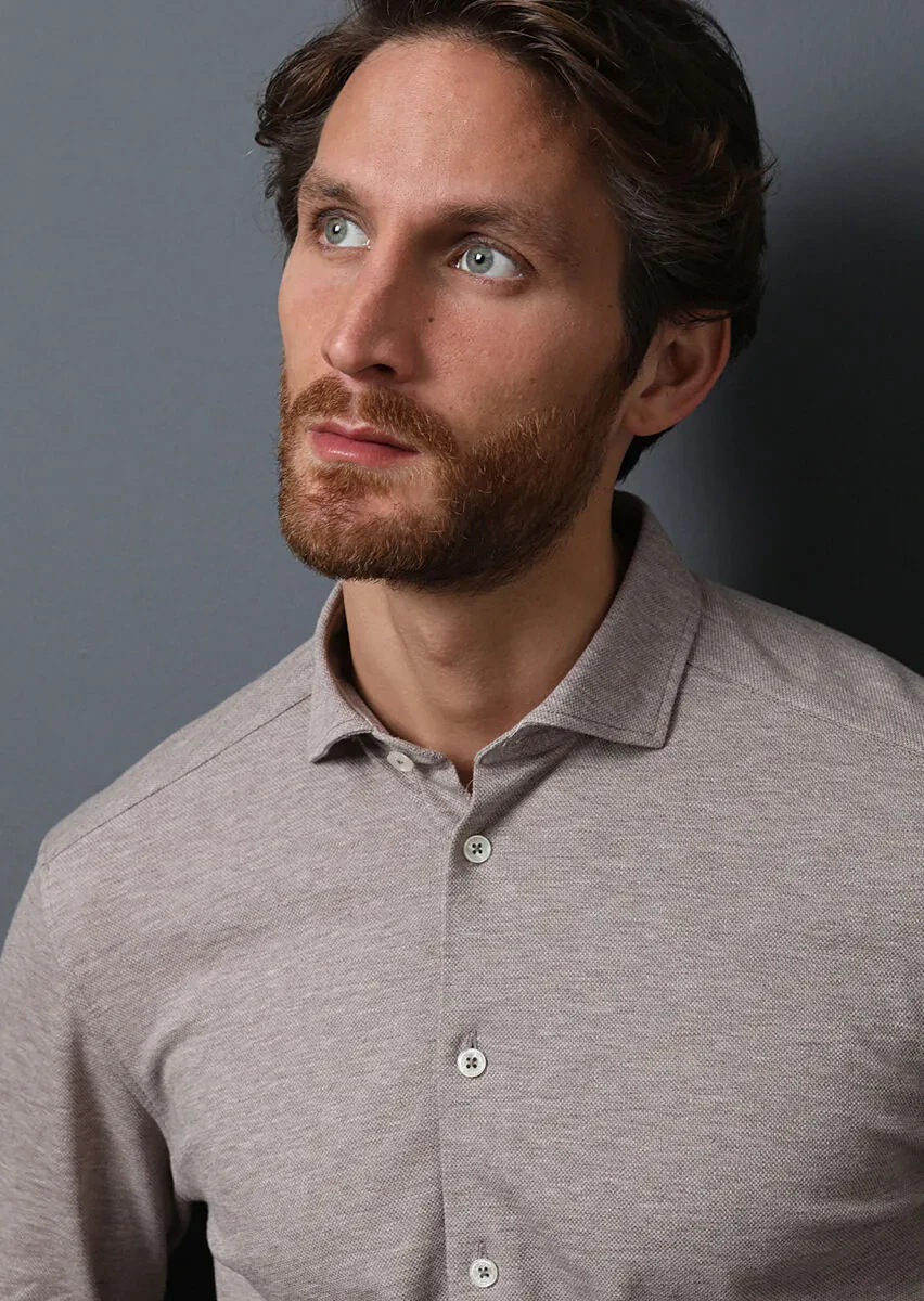 Beige Fitted Fit Knitting Casual 100% Cotton Shirt - 3