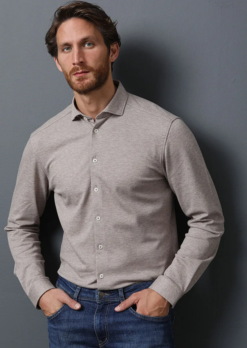 Beige Fitted Fit Knitting Casual 100% Cotton Shirt - 4