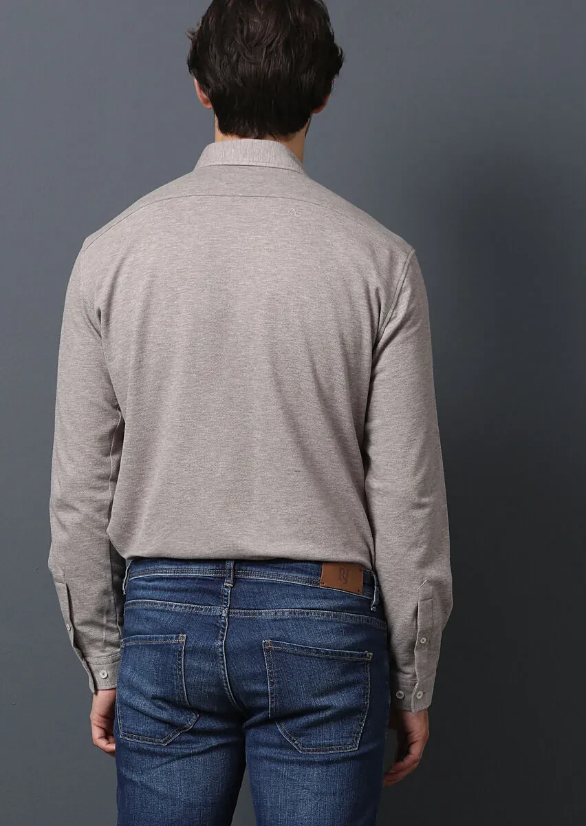 Beige Fitted Fit Knitting Casual 100% Cotton Shirt - 5