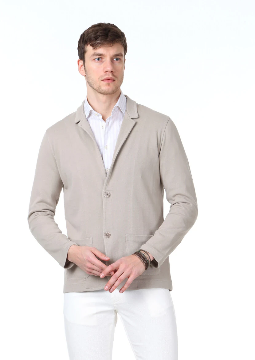 Beige Jacquard 100% Cotton Cardigan - 1