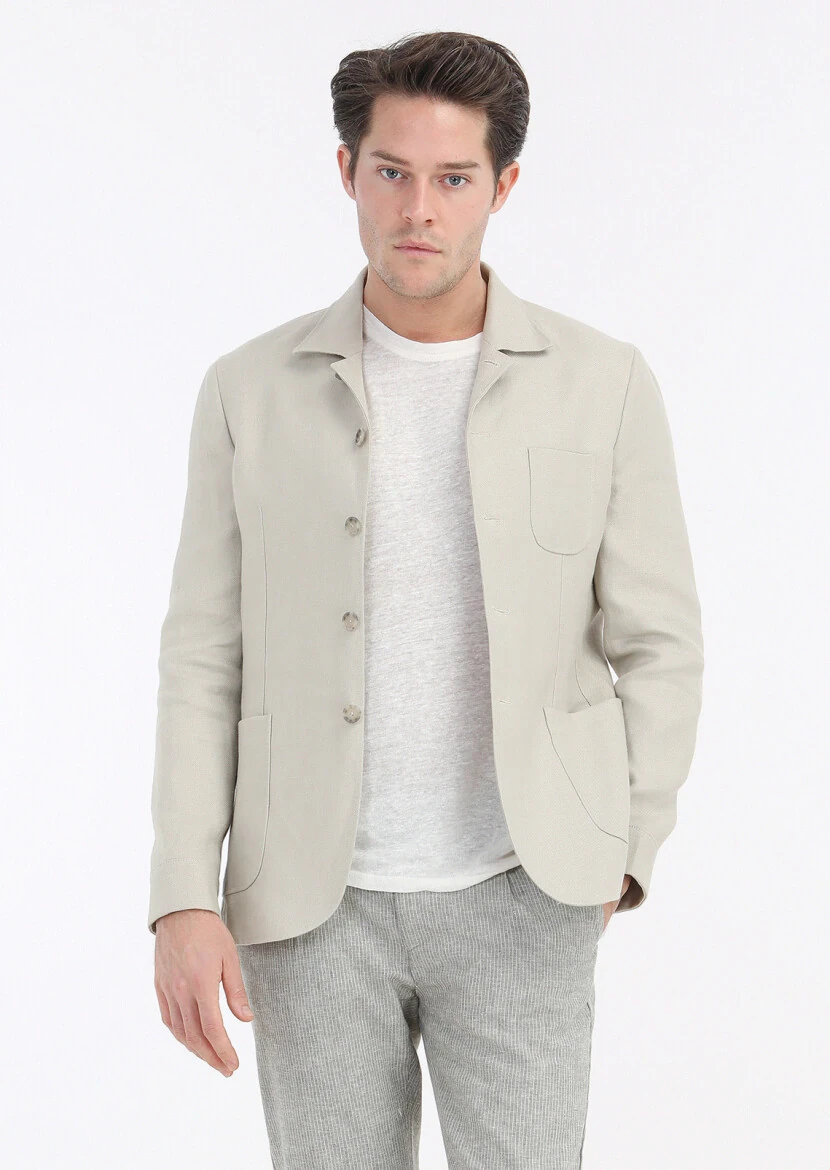 Beige Micro Shirt Shoulder Slim Fit 100% Linen Jacket - RAMSEY