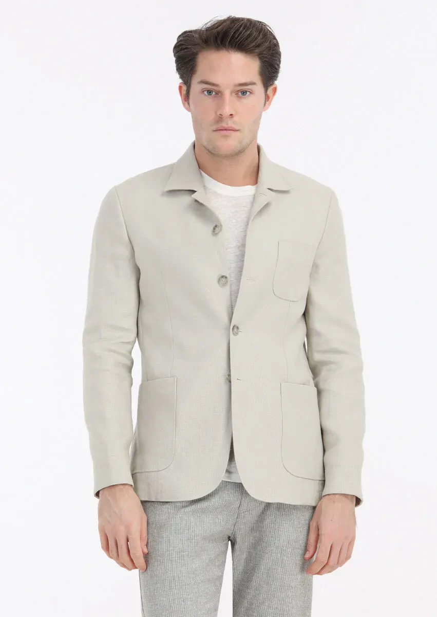 Beige Micro Shirt Shoulder Slim Fit 100% Linen Jacket - 3