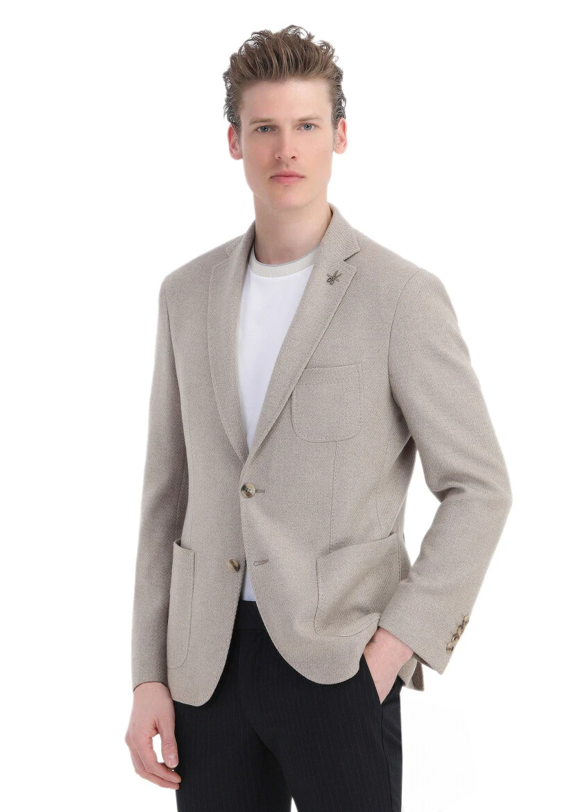 Beige Micro Slim Fit Wool Blended Jacket - RAMSEY