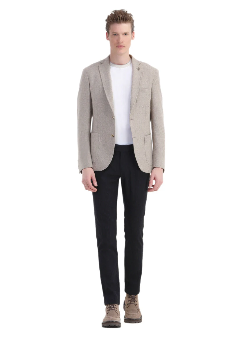 Beige Micro Slim Fit Wool Blended Jacket - RAMSEY