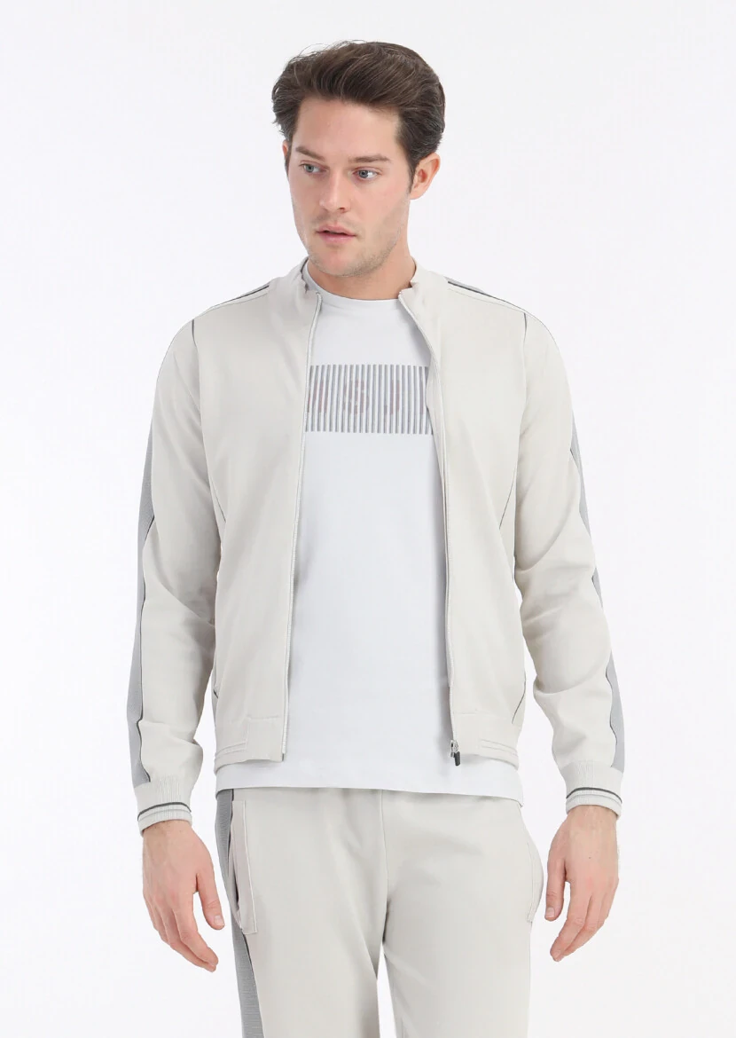 Beige Mock-Turtleneck Jacquard Cardigan - RAMSEY