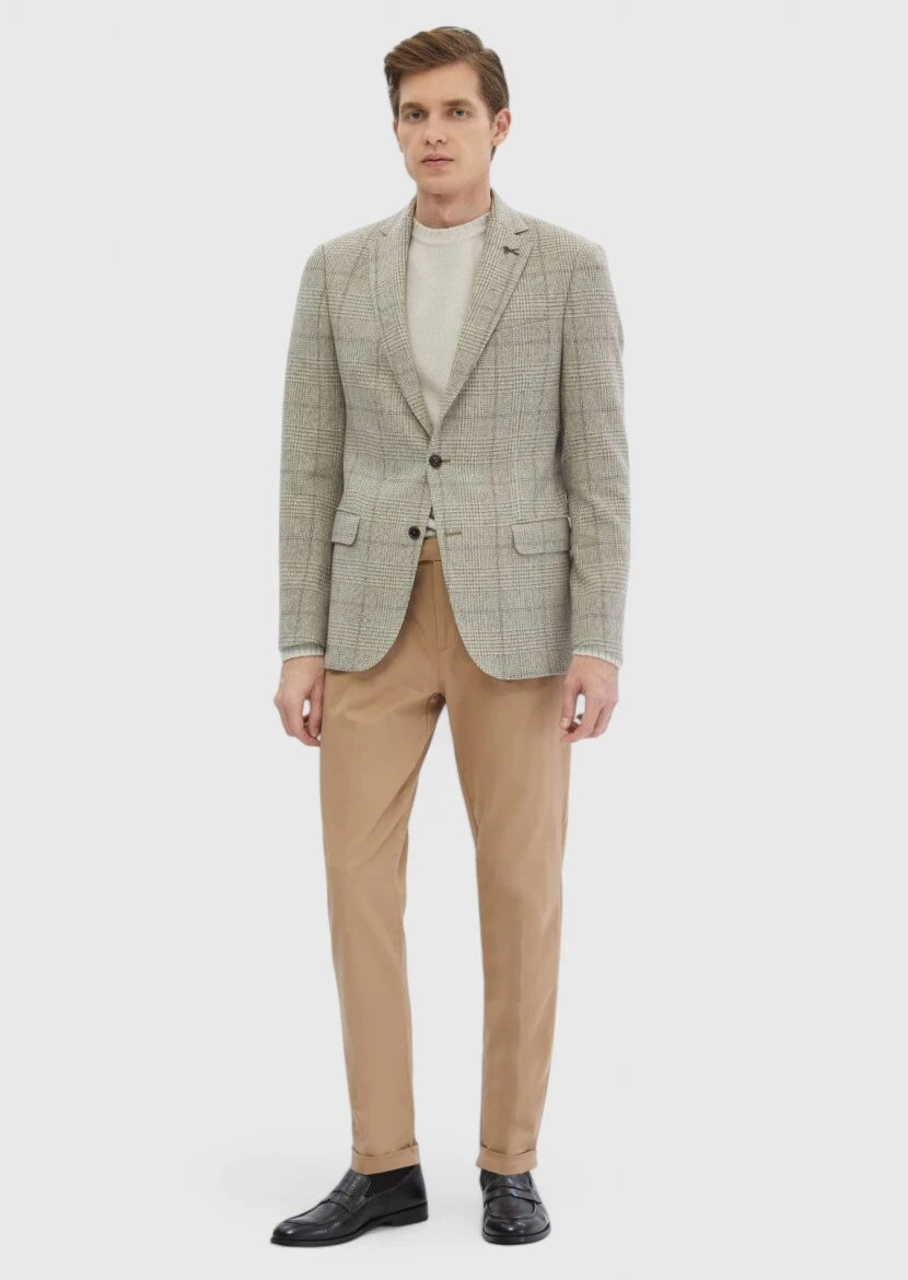 Beige Patterned Regular Fit Wool Blended Jacket - RAMSEY