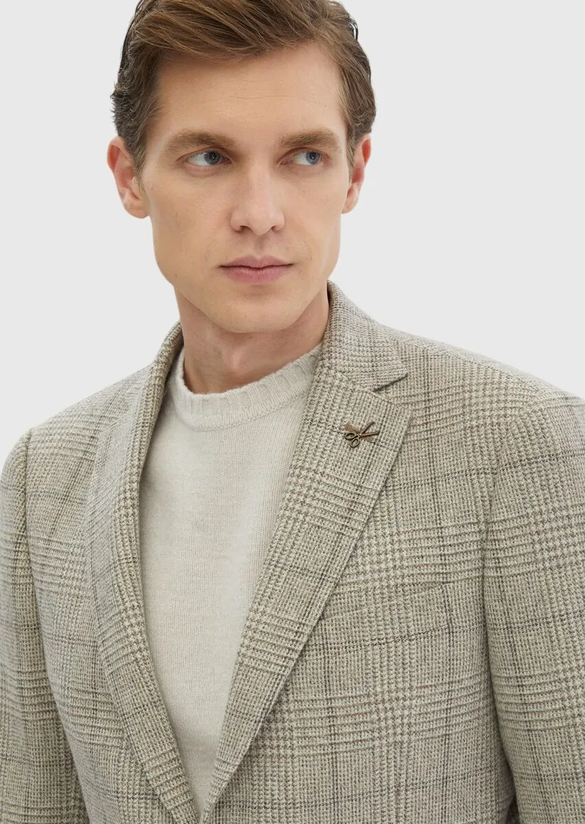 Beige Patterned Regular Fit Wool Blended Jacket - 3