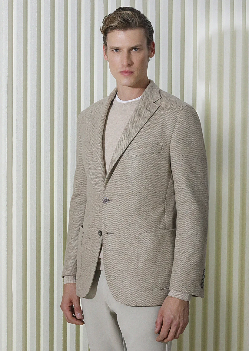 Beige Patterned Shirt Shoulder Slim Fit 100% Cashmire Jacket - RAMSEY