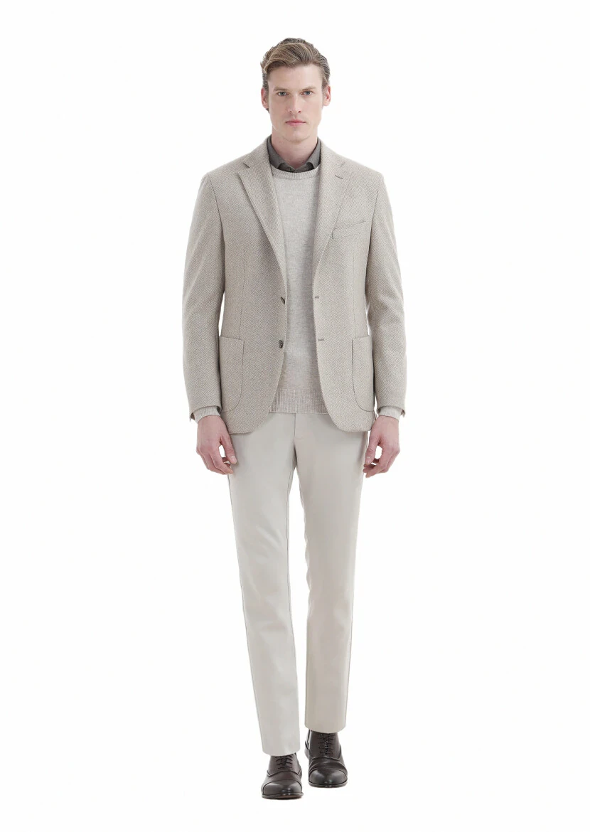 Beige Patterned Shirt Shoulder Slim Fit 100% Cashmire Jacket - RAMSEY