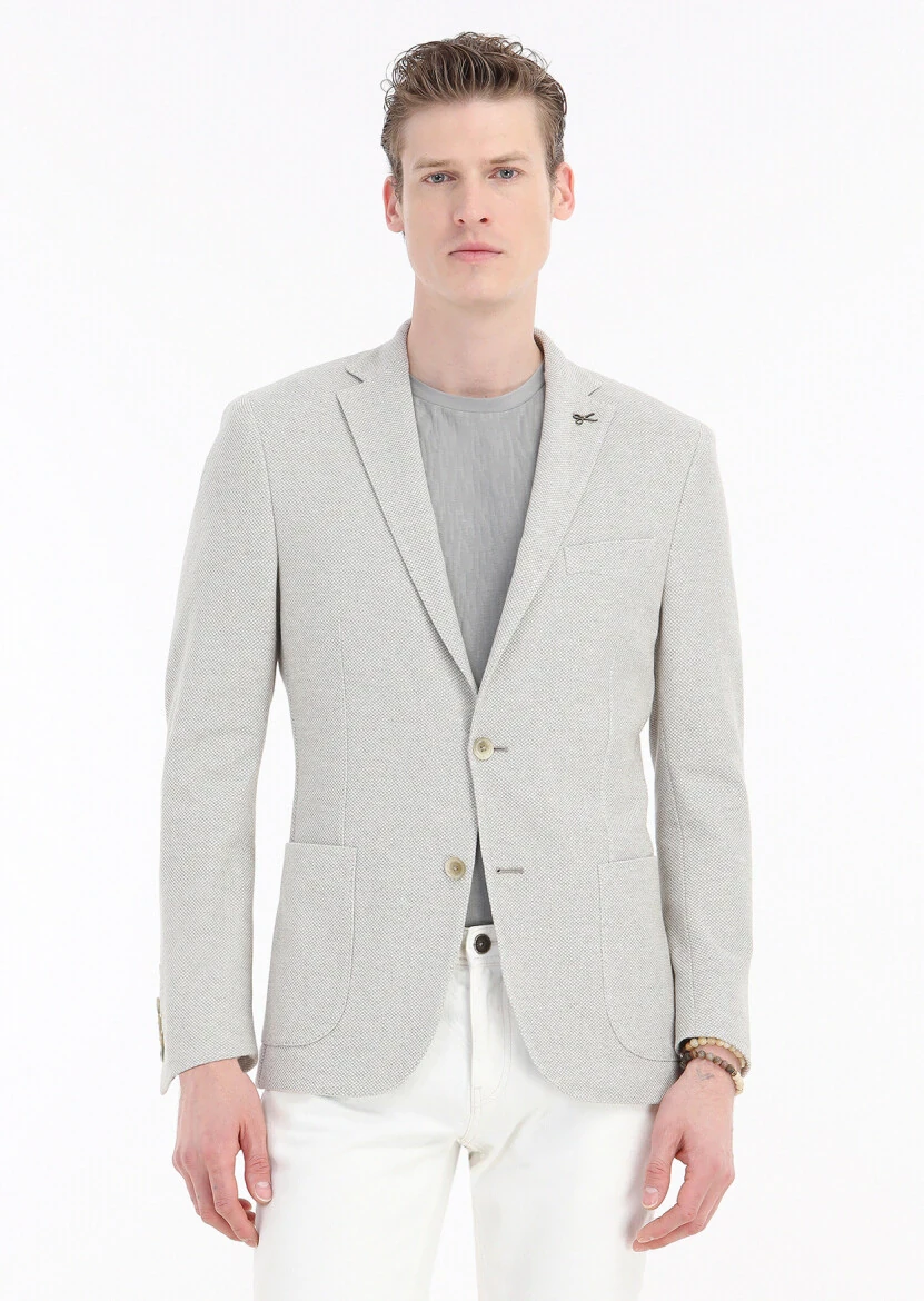 Beige Patterned Shirt Shoulder Slim Fit 100% Cotton Jacket - 2