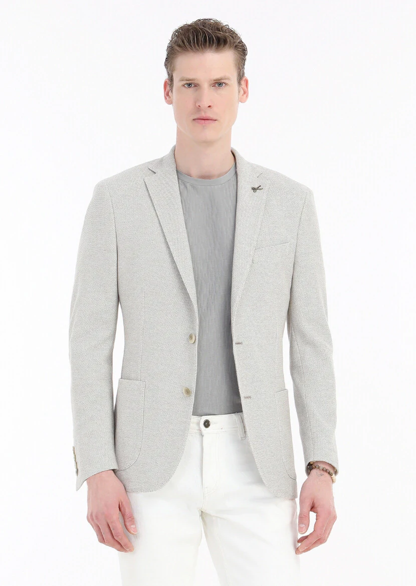 Beige Patterned Shirt Shoulder Slim Fit 100% Cotton Jacket - 3