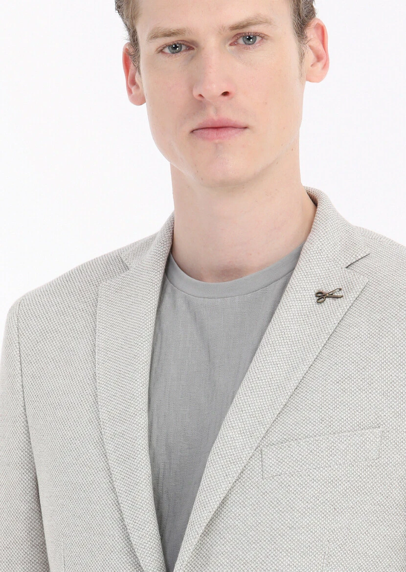 Beige Patterned Shirt Shoulder Slim Fit 100% Cotton Jacket - 4