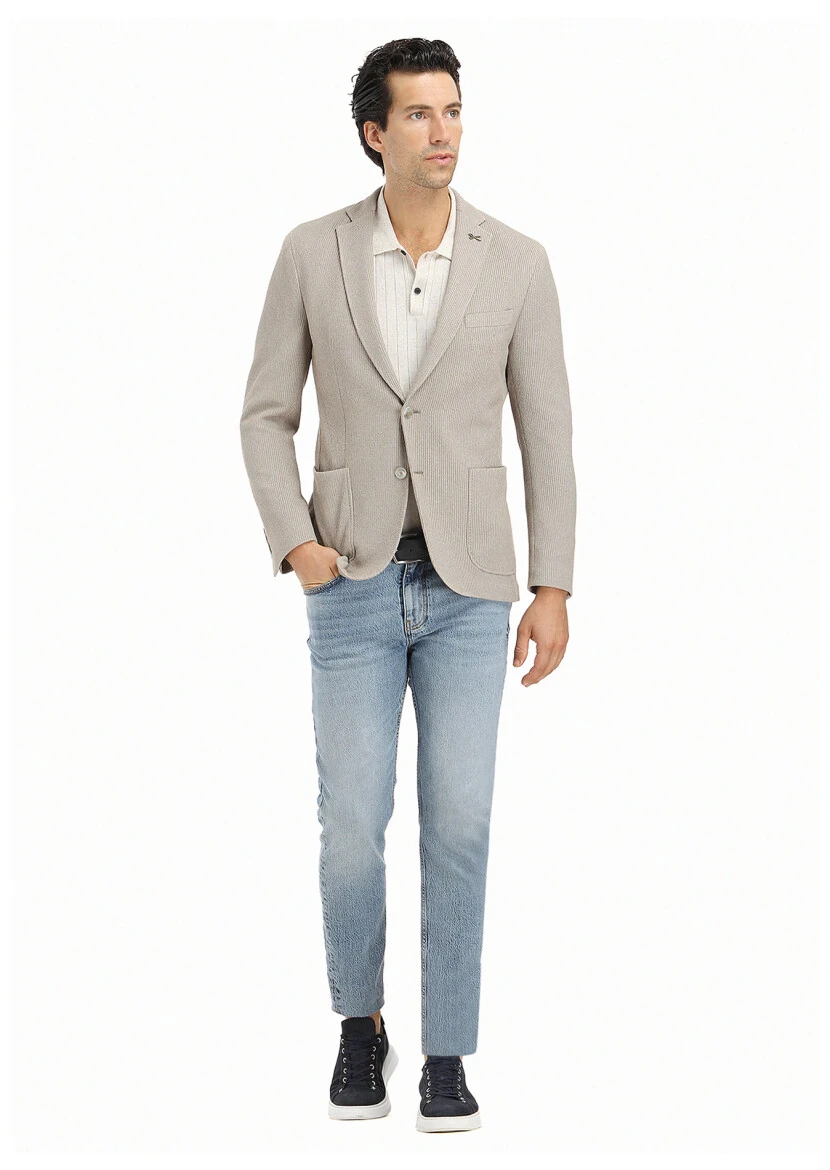 Beige Patterned Shirt Shoulder Slim Fit Cotton Blended Jacket - RAMSEY