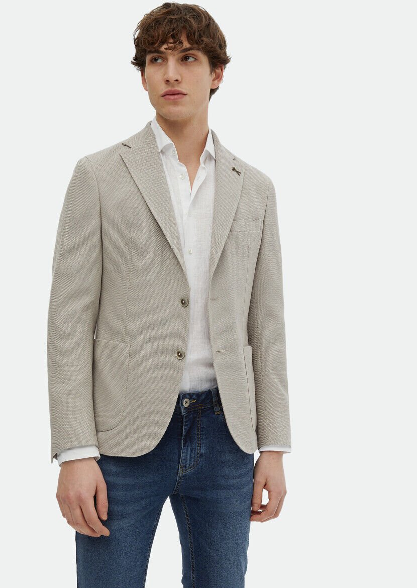 Beige Patterned Shirt Shoulder Slim Fit Cotton Blended Jacket - RAMSEY